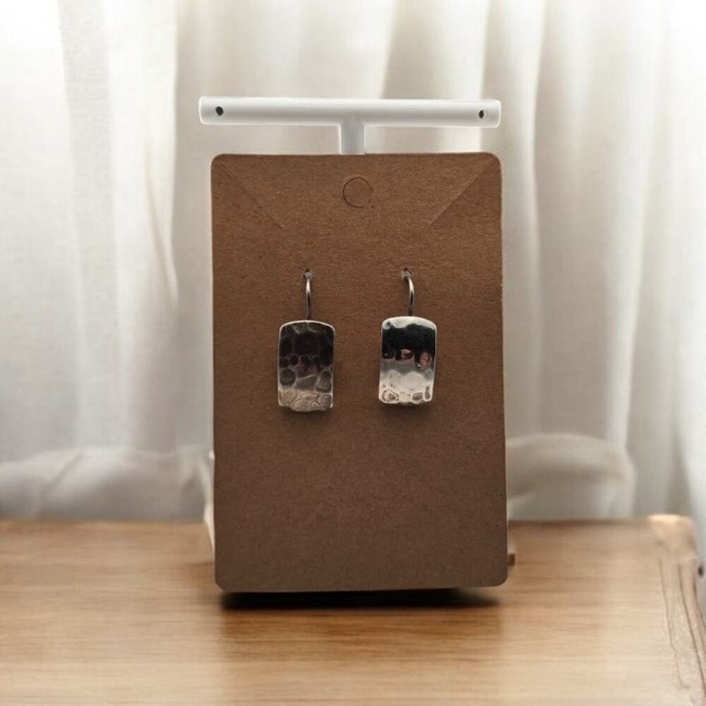Hammered Rectangle Drop Earrings 925 Sterling Silver Minimalist Modern